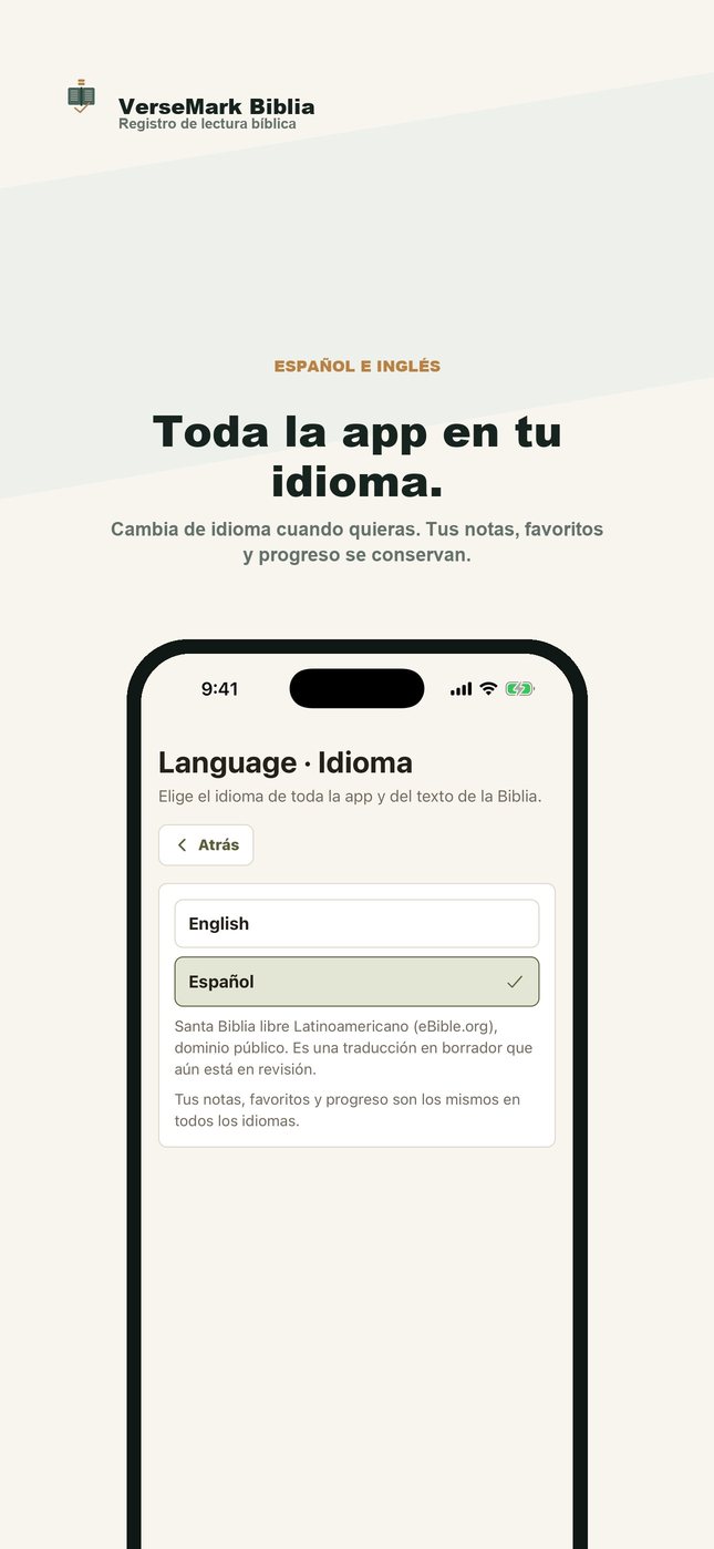 Selector de idioma de VerseMark: English y Español